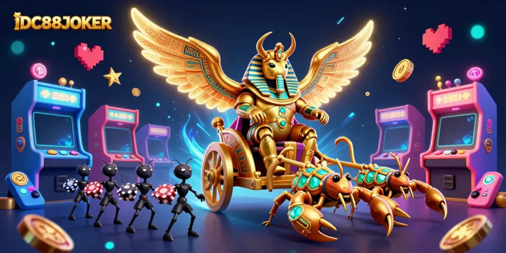 Engage in thrilling games at IDC88JOKER with vibrant 3D characters and arcade machines.