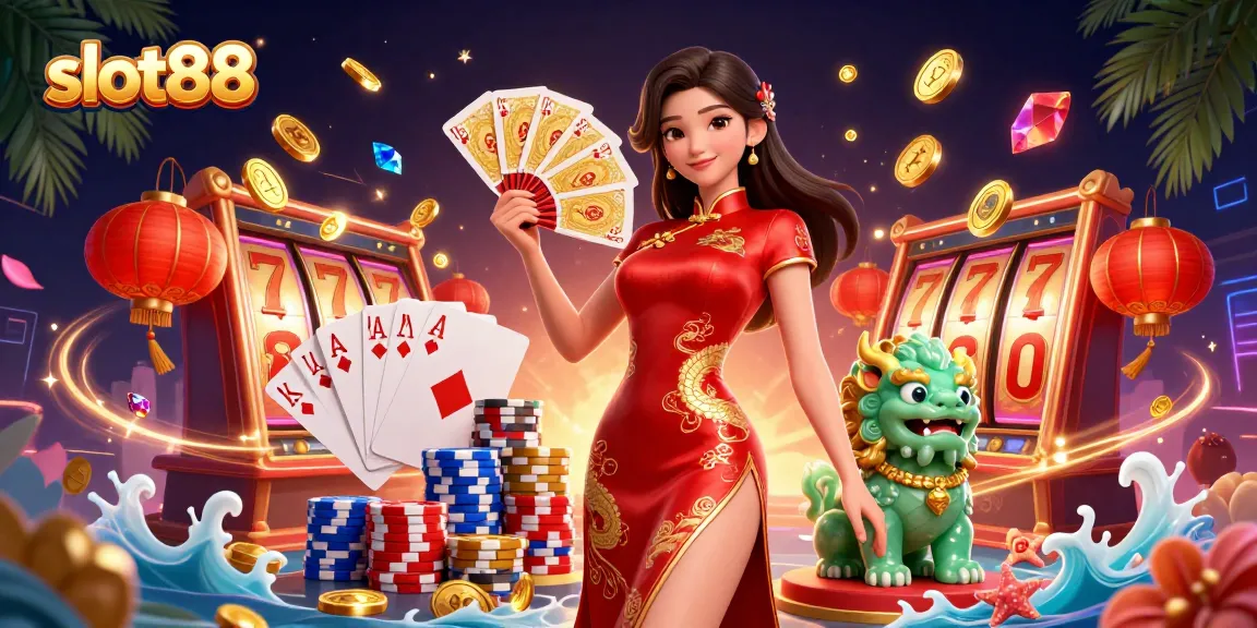 Win big with slot88 in a vibrant casino scene featuring a glamorous character and exciting gameplay elements.