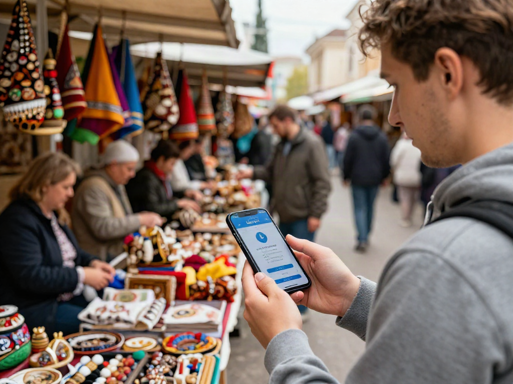 Turis menggunakan aplikasi https://payinrussia.com/ di pasar lokal Rusia untuk pembayaran yang mudah.