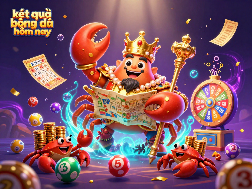 Experience the excitement of két quả bóng đá hôm nay with colorful lottery balls and a golden crab emperor.