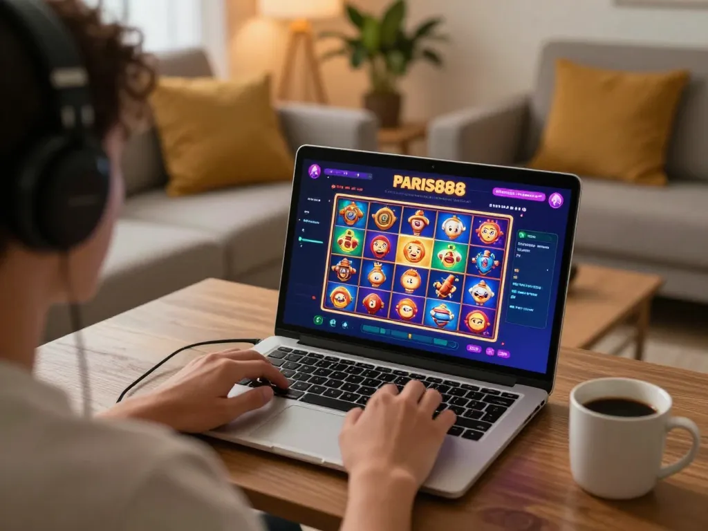 Player enjoying Paris888 online slots on a laptop in a cozy home setup, promoting responsible gaming.