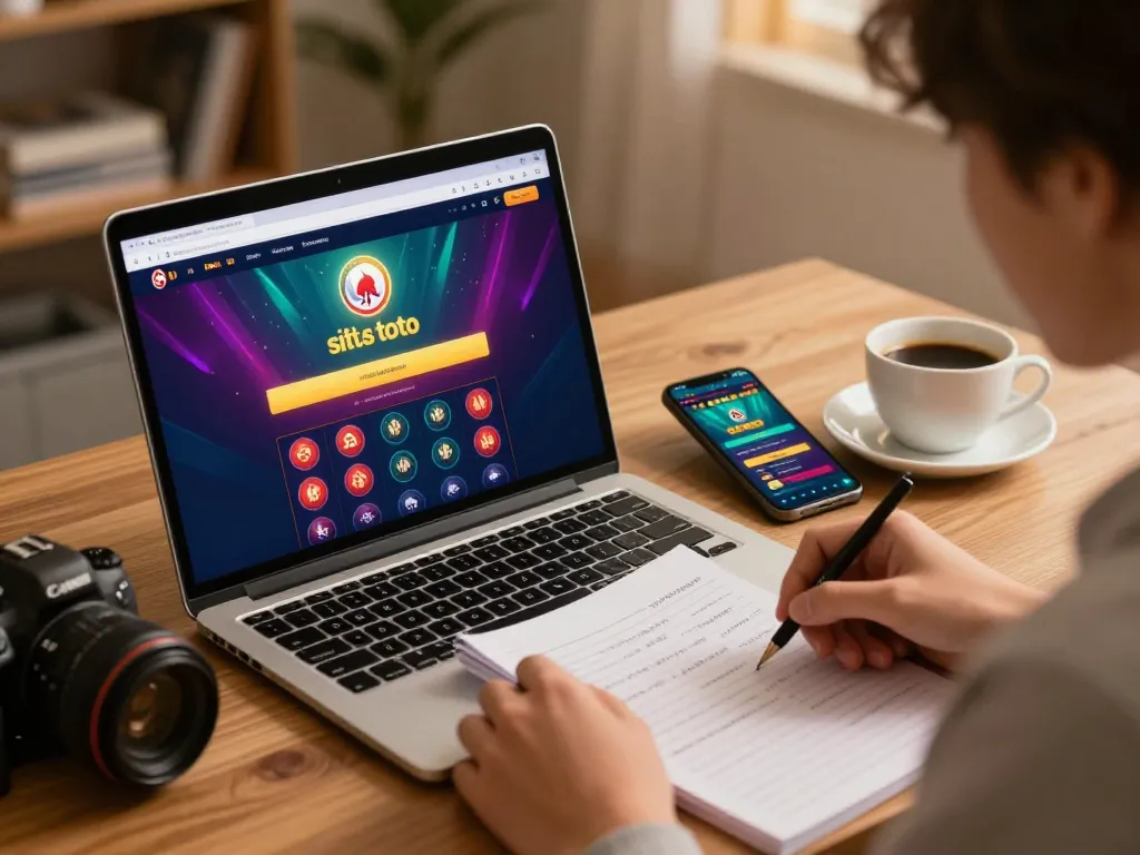 Engaging home scene with a user exploring situs toto betting strategies on a laptop while practicing responsible gaming.