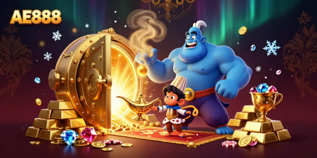 Experience the thrilling essence of AE888 with a vibrant 3D illustration of a genie, gold treasures, and poker elements.