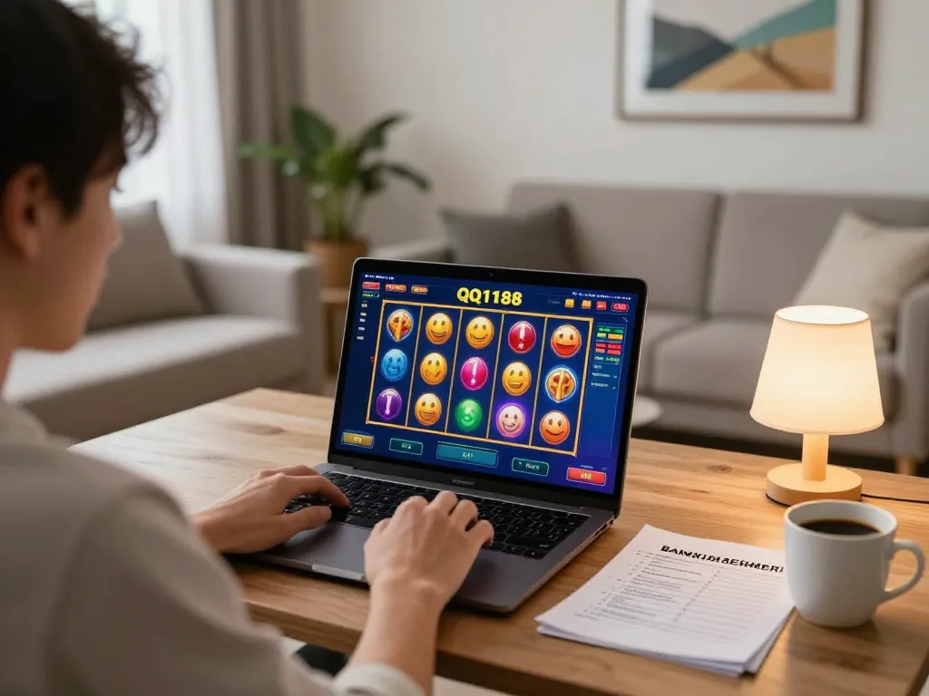 Pemain yang terlibat di laptop bermain QQ188 Slot sambil merencanakan manajemen bankroll di ruang tamu yang nyaman.