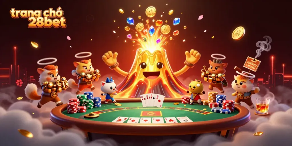 Engage with the exciting scene of trang chủ 28bet, featuring a golden volcano and treasure aside a poker table.