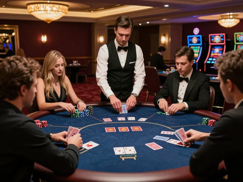 Pemain yang terlibat sedang merencanakan strategi di meja poker alfa138 dalam suasana kasino mewah