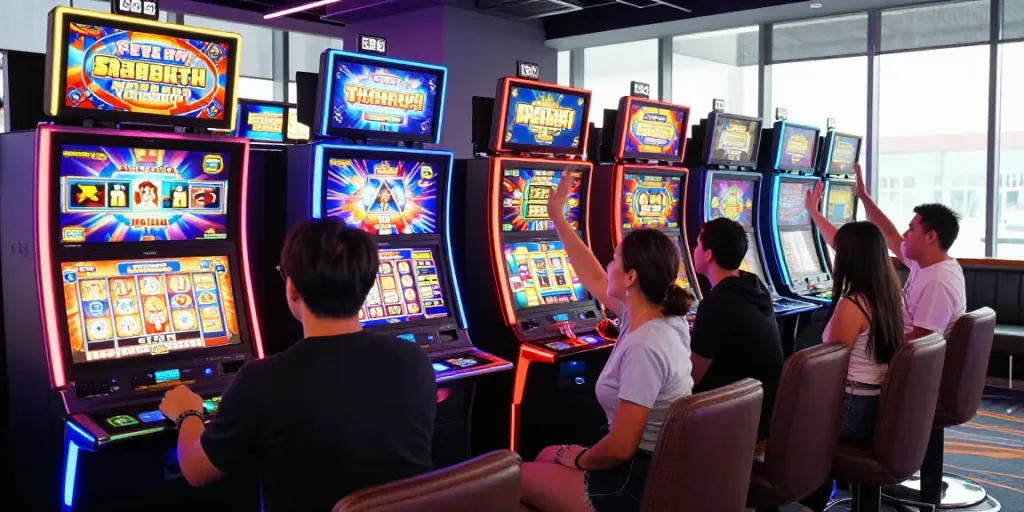 Permainan slot betslots88 dengan pemain bersemangat merayakan kemenangan di kasino online.