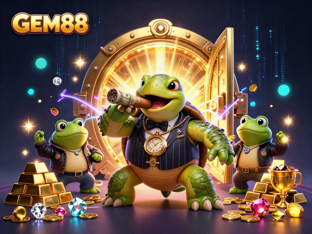 Experience winning with GEM88 in an action-packed casino scene featuring animated characters and vibrant treasures.
