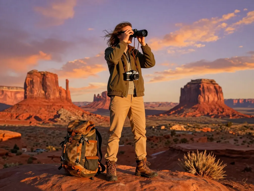 Traveler exploring scenic desert landscape with Fly88 jacket at golden hour.