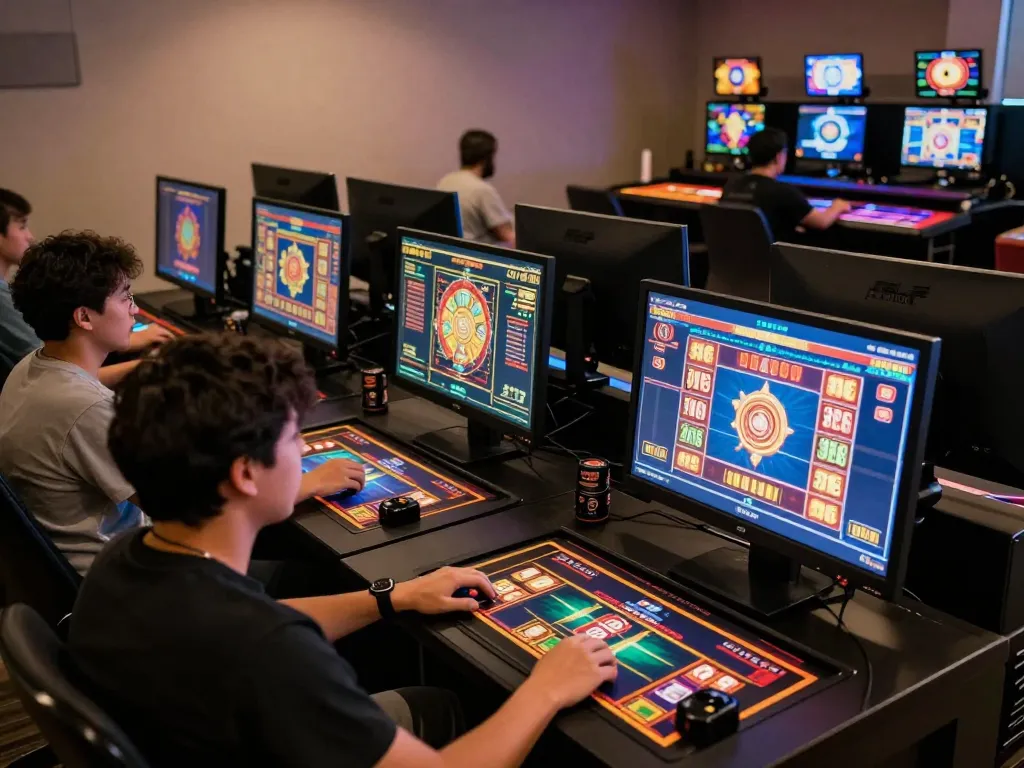 Engaging in online gaming at https://rikbet.global/, enjoying a vibrant casino atmosphere with players focused on slot machines.