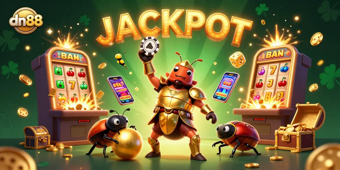 Experience thrilling gameplay with dn88 as a victorious beetle celebrates a jackpot amidst colorful casino elements.