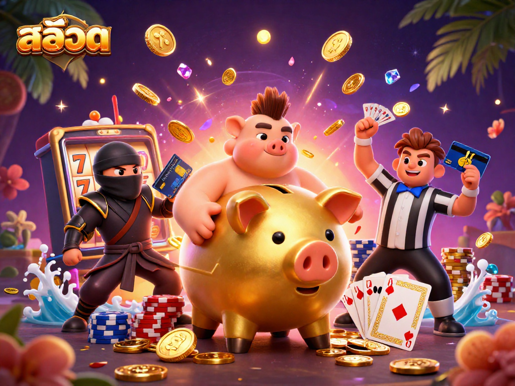 Spin the สล็อต reels and win with a vibrant casino scene featuring golden coins and exciting gameplay.
