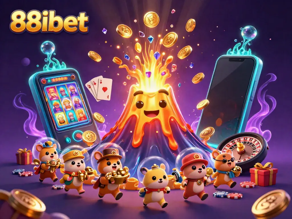 Experience the excitement of 88ibet as a golden volcano erupts coins and treasures in a vibrant casino scene.