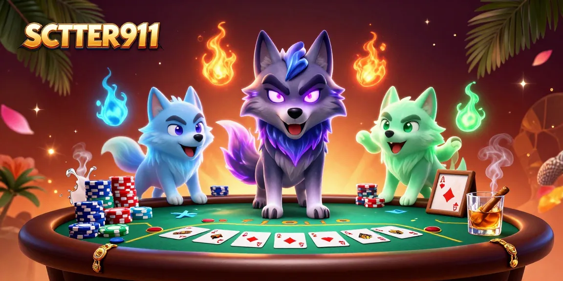 Engage with SCATTER911 in a vibrant 3D casino scene featuring poker elements and a mystical wolf pack.