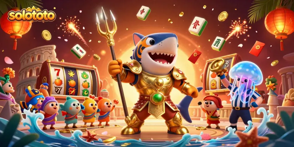 Ilustrasi kasino 3D solototo menampilkan hiu kartun garang dalam armor gladiator di arena bawah laut.