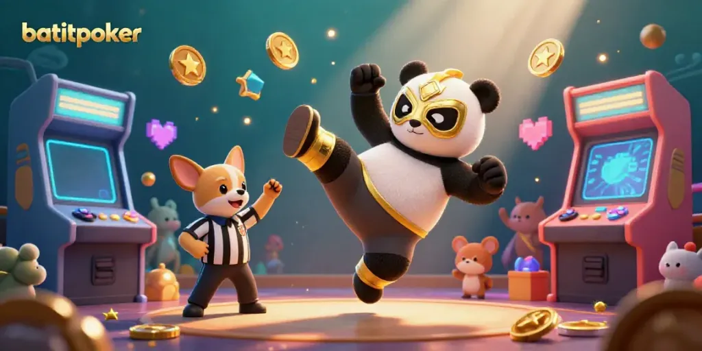Visualisasi hiburan kasino batikpoker dengan panda pegulat melakukan tendangan spektakuler.