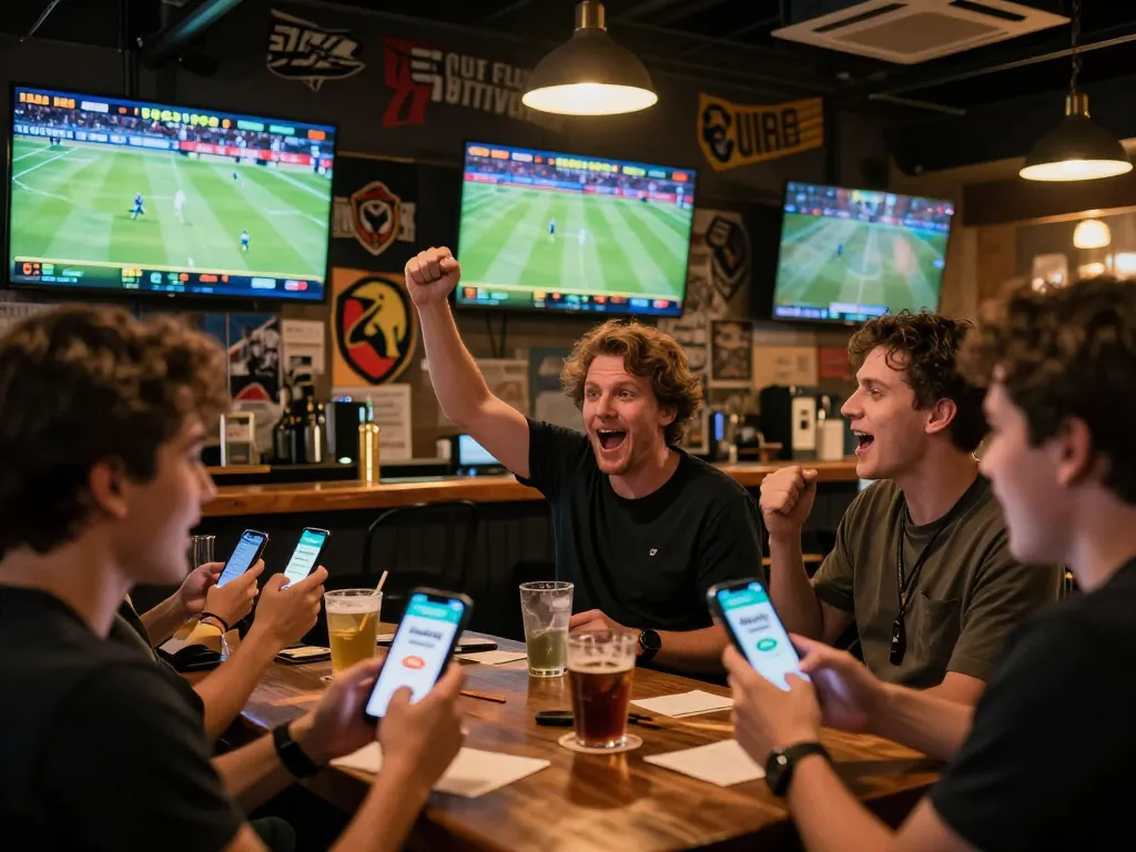 Excited fans placing bets with the uu88 bet app during live sports events in a vibrant bar setting.
