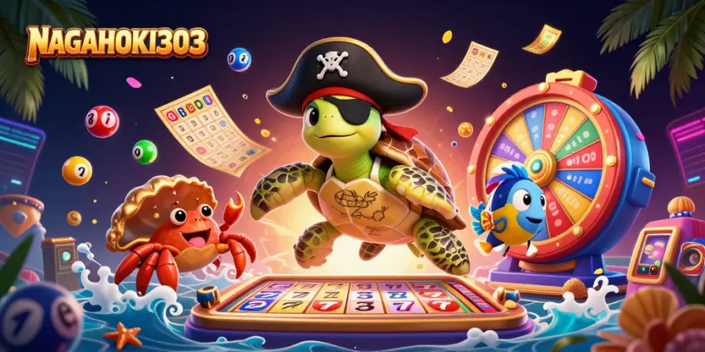 NAGAHOKI303 engages players with slots and prize visuals in a vibrant 3D scene