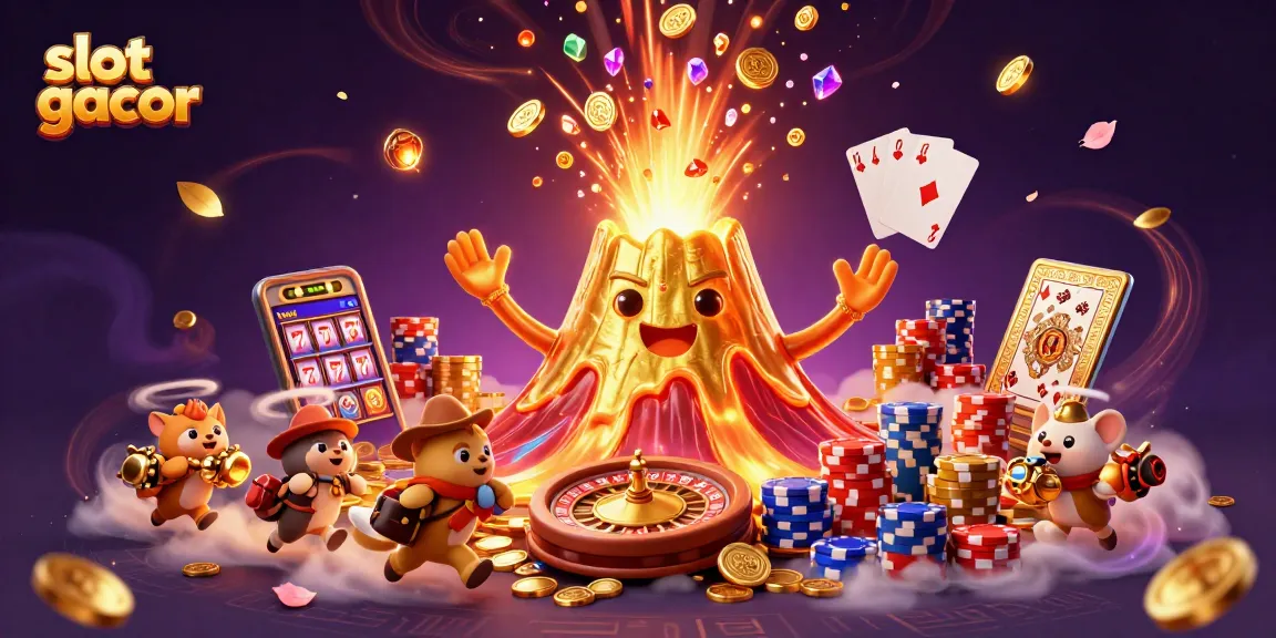 Experience the excitement of slot gacor with a triumphant golden volcano erupting coins and treasures in a dynamic casino scene.