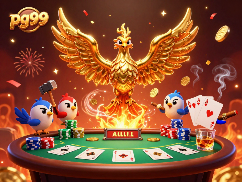 Engage with pg99's thrilling gameplay in this vibrant 3D casino world filled with gold and poker elements.