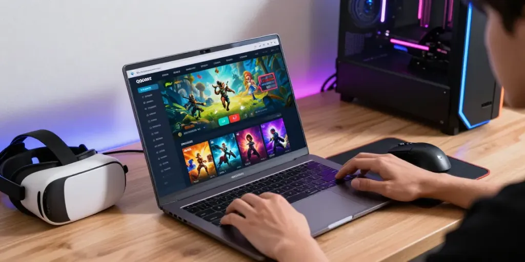 Pengguna QQGOBET bermain game online dengan perangkat modern dan aksesori gaming yang menarik.