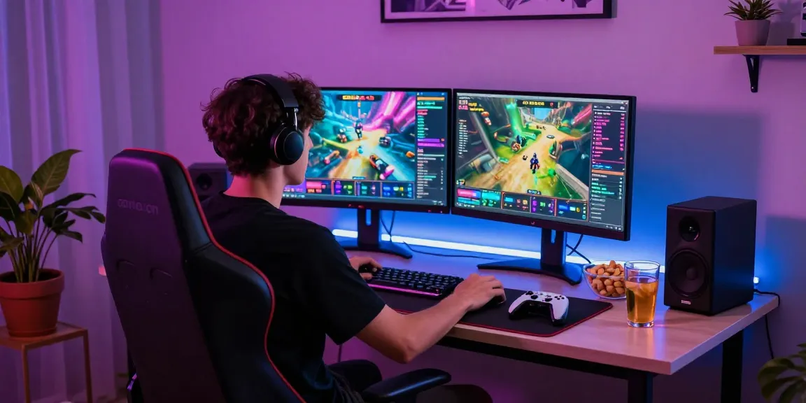 Engaging gaming experience on CIKA4D platform with vibrant setup and dual monitors displaying game graphics.