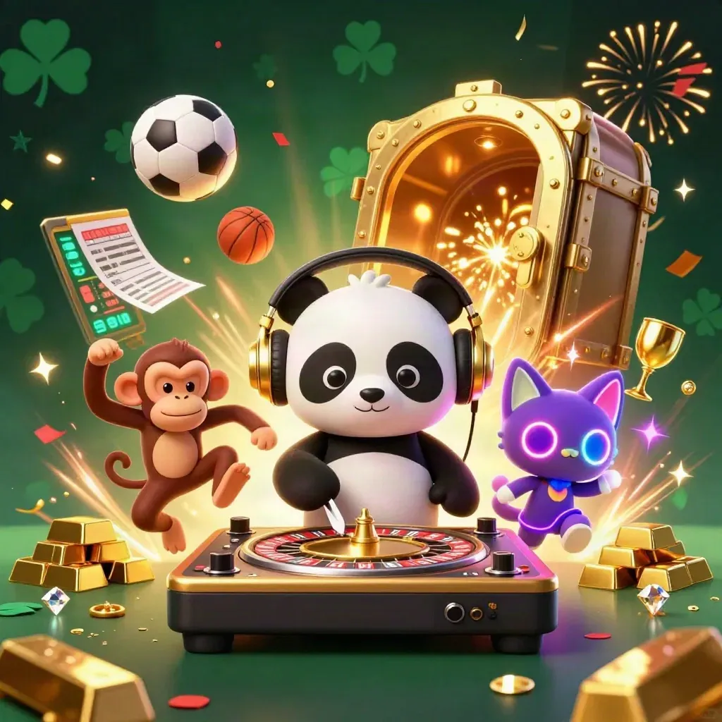 Panda DJ, monyet breakdance, dan kucing neon di ledakan jackpot emas dengan bola olahraga.