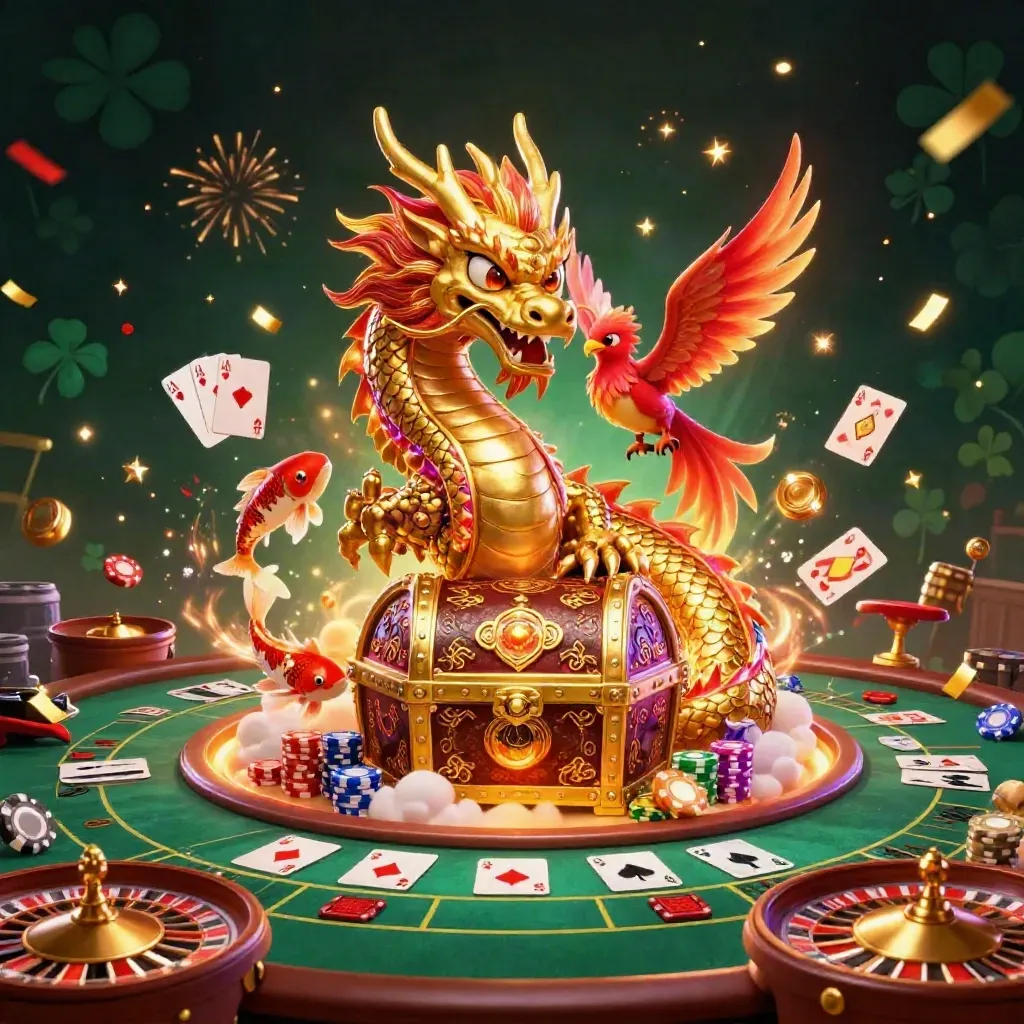 Naga emas 3D melilit peti harta, phoenix merah dan koi di latar kasino hijau gelap.