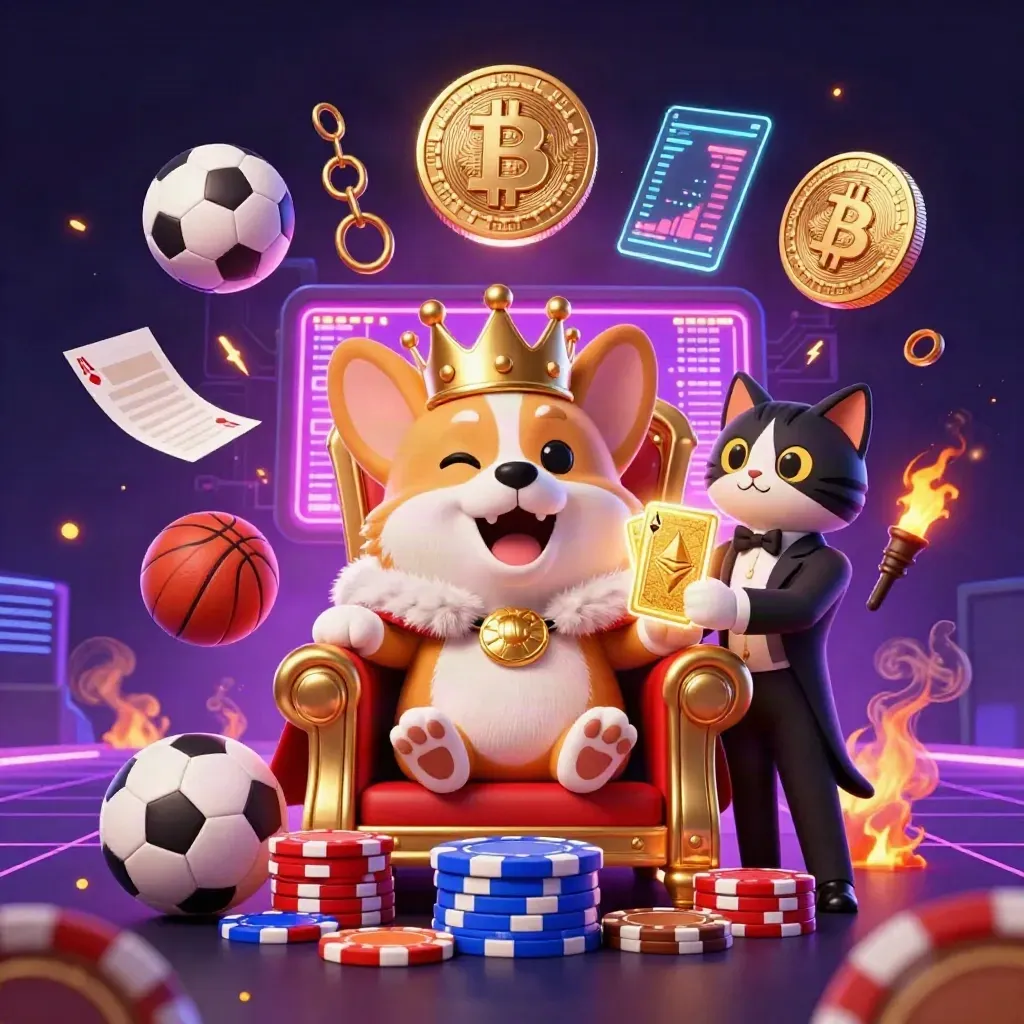 Raja corgi dan pelayan kucing dikelilingi koin kripto, bola, api, dan cahaya neon.