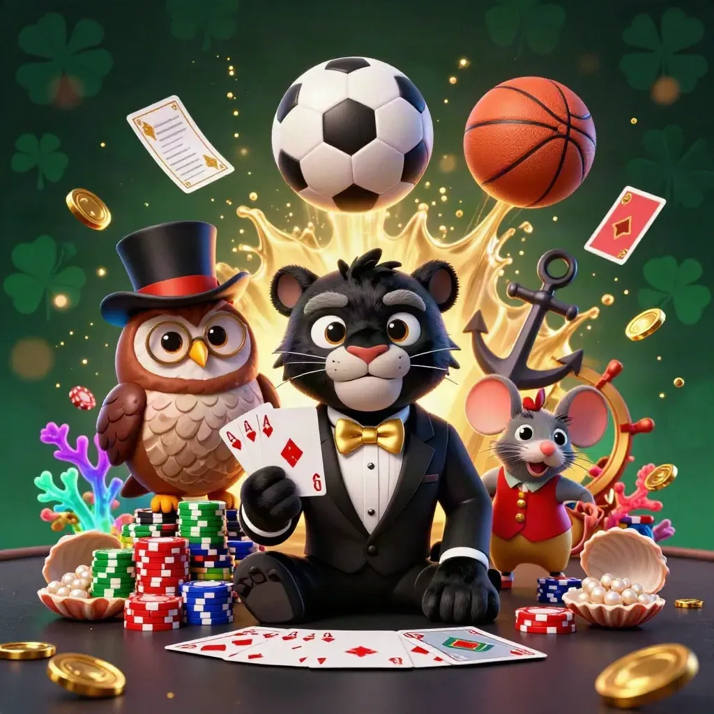 Panther tuxedo, burung hantu, dan tikus di bawah laut dengan bola, kartu, dan kilau emas.