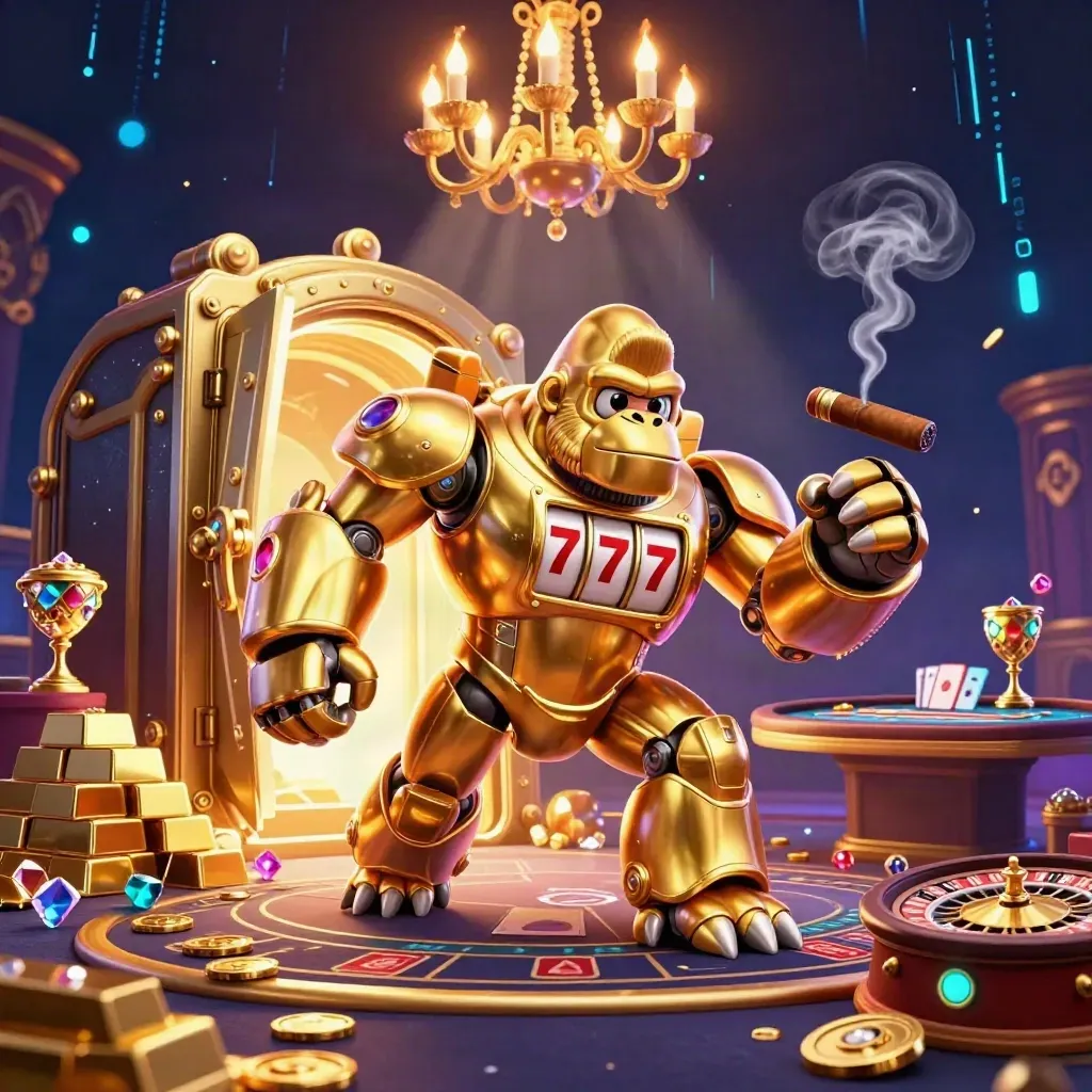 Gorila mech emas dengan monyet pilot, brankas terbuka, kasino neon mewah.