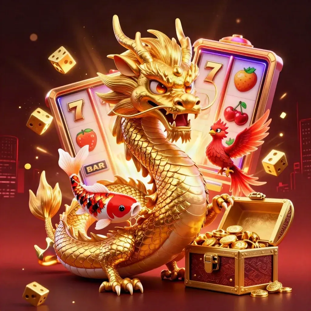 Naga emas 3D mengitari peti harta, phoenix merah, koi lompat, simbol slot dan cahaya emas.