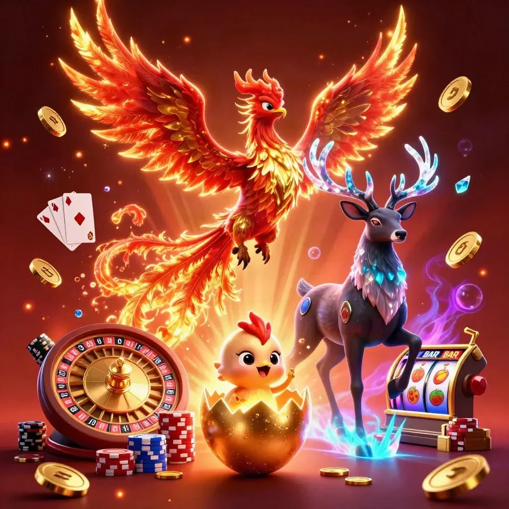 Phoenix, anak phoenix, dan rusa kristal dikelilingi koin emas, kartu, dan efek neon.