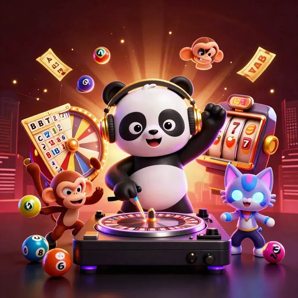 Panda DJ, monyet breakdance, dan kucing rave di kasino neon dengan bola lotre dan lampu emas.