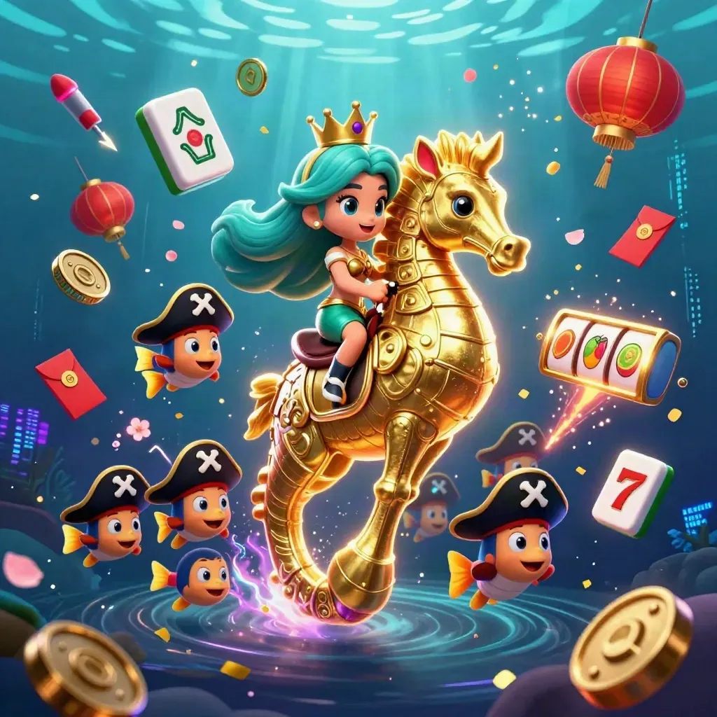 Putri duyung 3D menunggang kuda laut emas di lautan neon, dikelilingi koin, lampion, dan efek jackpot.