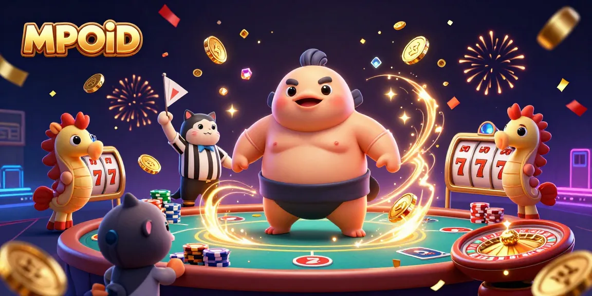 MPOID showcases thrilling underwater casino action with a cartoon fugu, catfish referee, and seahorse spectators, surrounded by vibrant gaming elements.