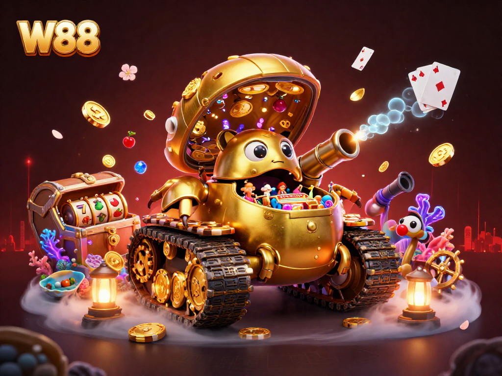 Enjoy W88's thrilling casino experience with a vibrant 3D digital illustration of a unique beetle tank!