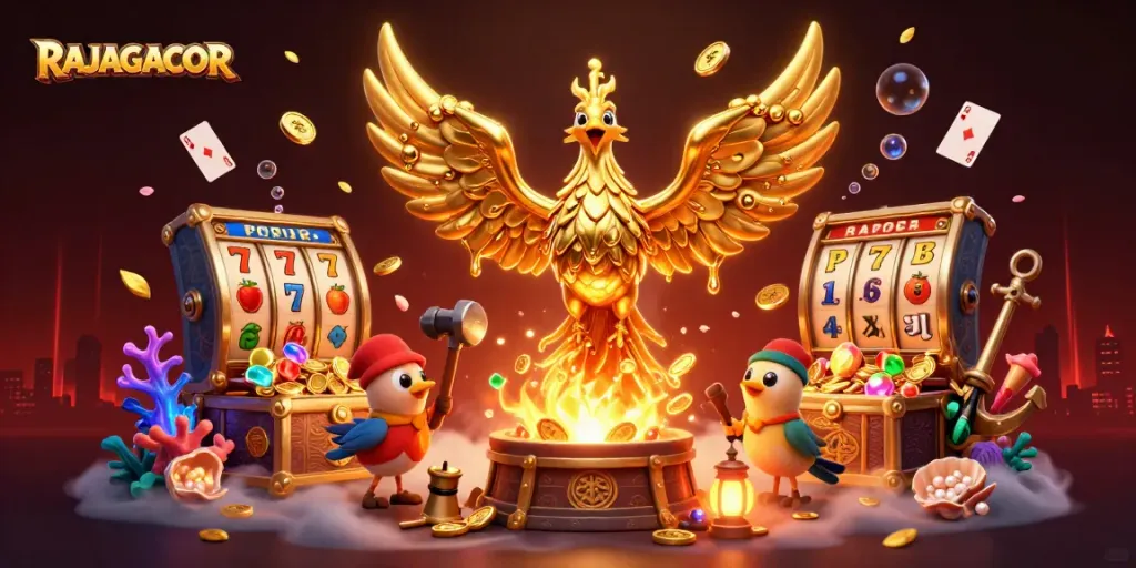 Gambarlah RAJAGACOR saat slot gacor dengan phoenix emas dan ajudan burung.
