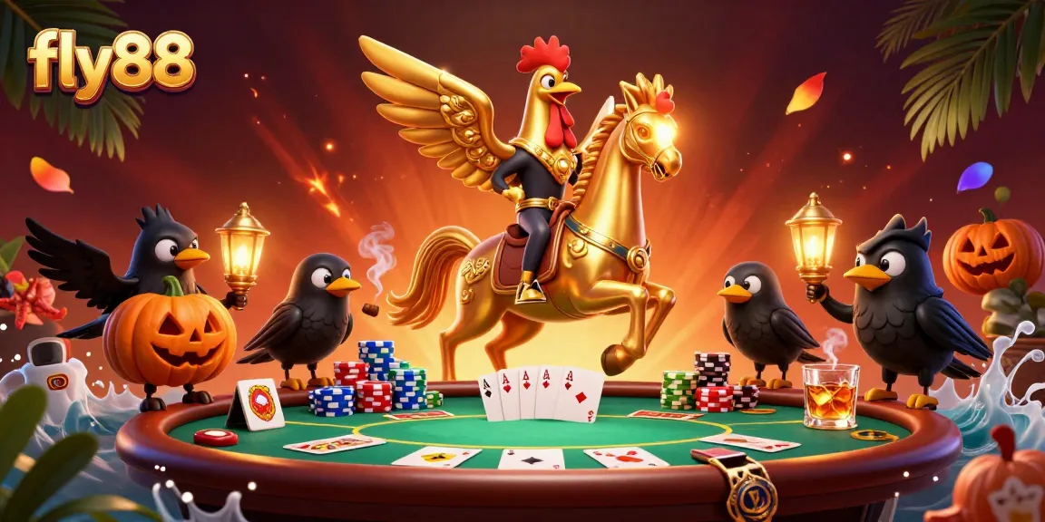 Experience thrilling gameplay with fly88 in this vibrant casino scene featuring poker elements and animated characters.