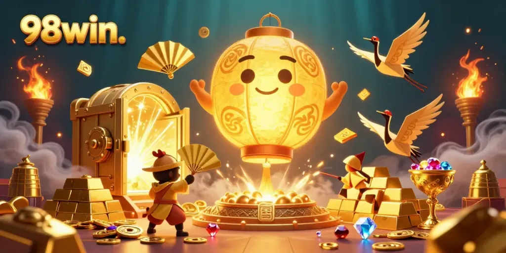 Join the excitement at 98win with golden treasures and vibrant casino scenes for winning strategies!