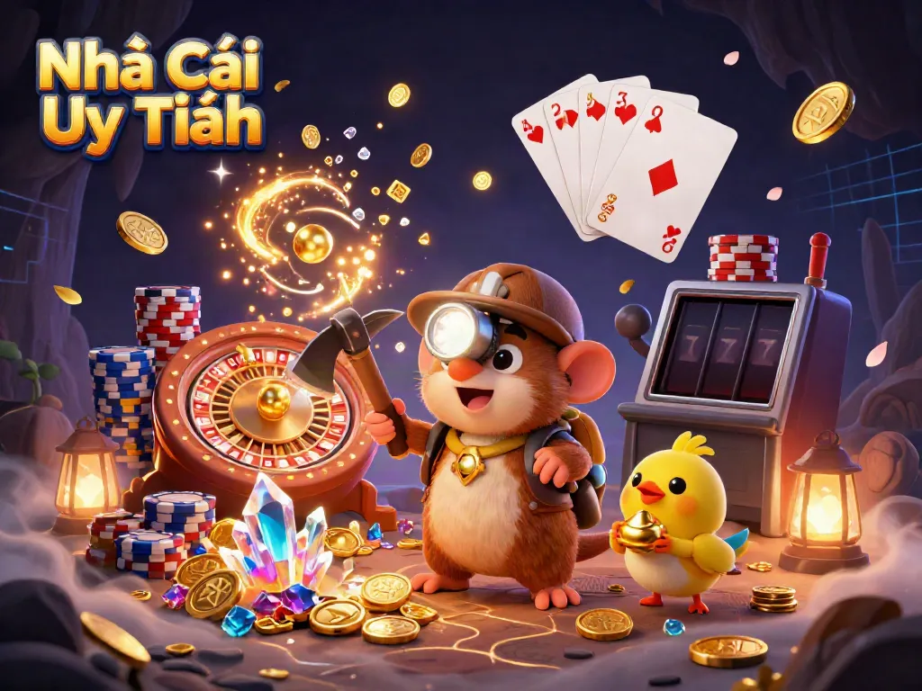 An engaging illustration showcasing the Nhà Cái Uy Tín brand with a cartoon mole and canary in a treasure-laden cave.