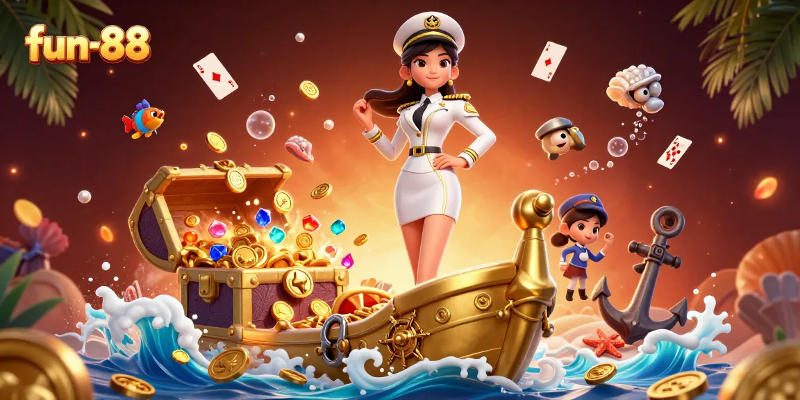 Spin to win with fun-88's vibrant casino illustration showcasing underwater treasures and gaming excitement.
