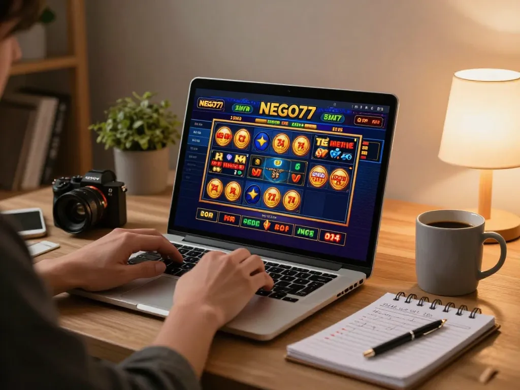 Enjoying an engaging NEGO77 online slot game while strategizing with notes in a cozy home setting.