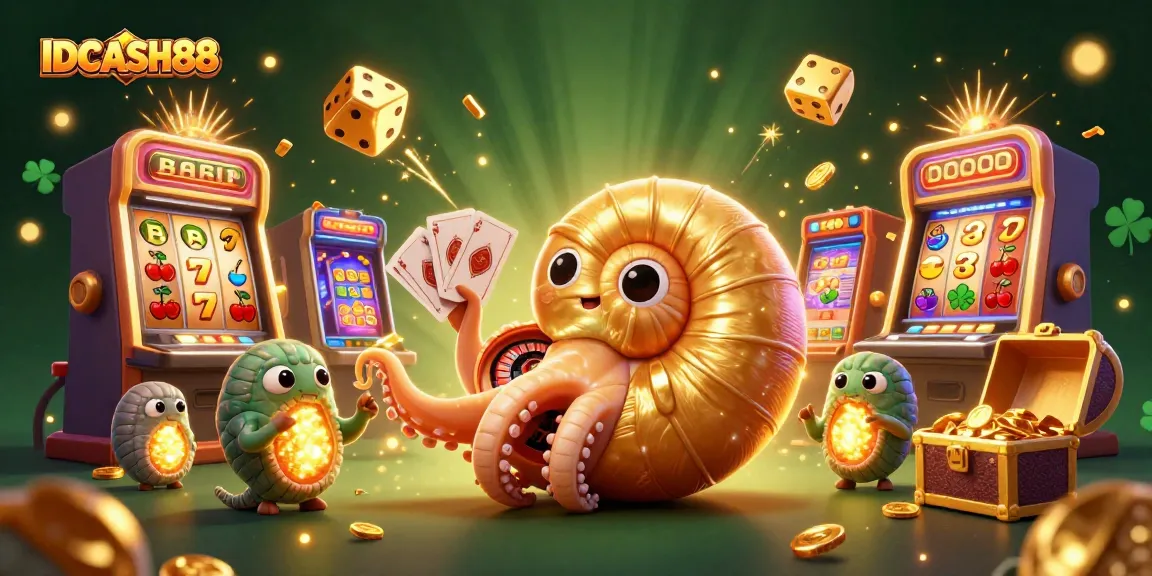 Engage with IDCASH88 featuring a giant nautilus roulette wheel amid a vibrant casino scene filled with games and jackpots.