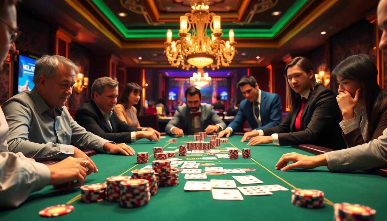 Engaging poker scene showcasing daftar poker action with chips, cards, and a luxurious casino atmosphere.