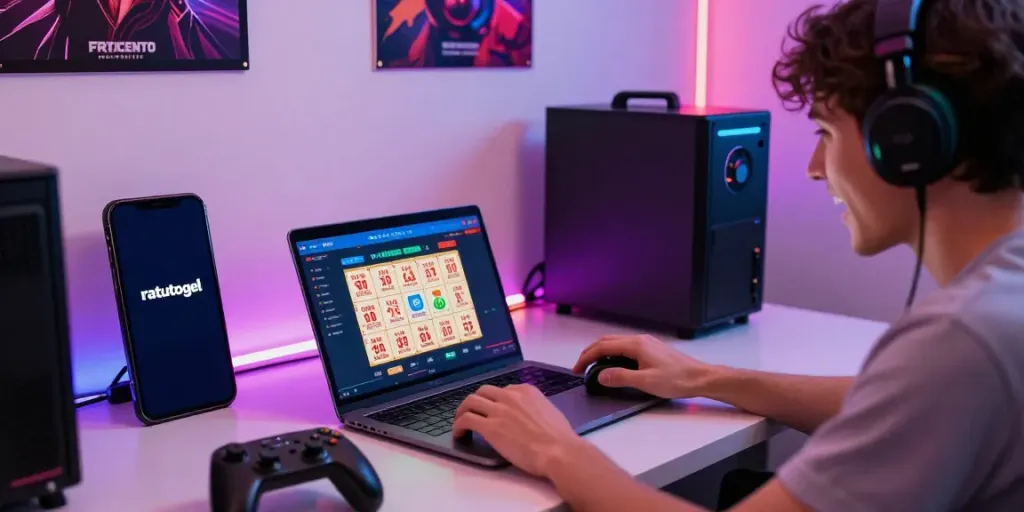 Ratutogel: Pemain memasang taruhan online di ruang permainan modern dengan suasana ceria.