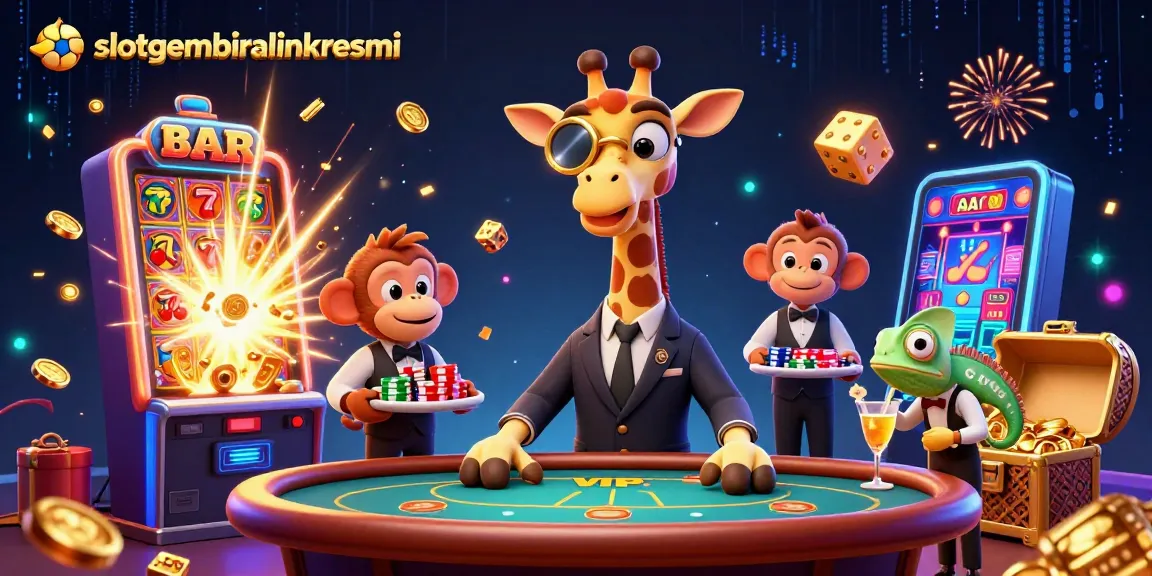 Permainan mengasyikkan di slotgembiralinkresmi dengan karakter kartun dan slot jackpot yang berkilauan.