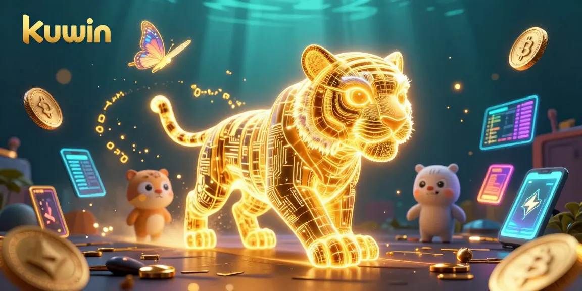 Kuwin's immersive gaming experience featuring a neon golden tiger and crypto elements in a vibrant digital casino.