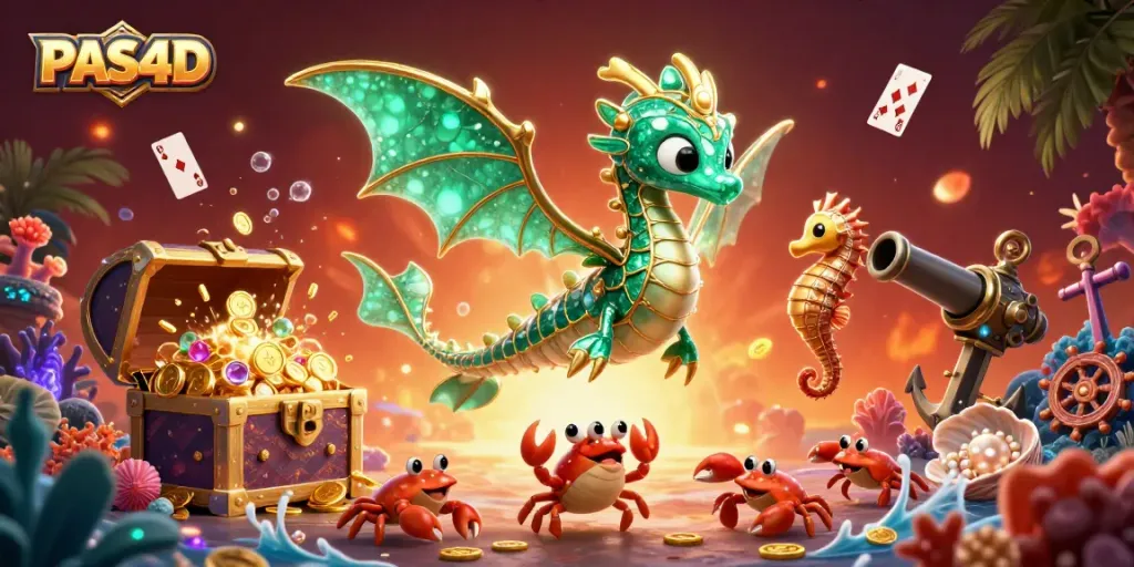 Menangkan permainan di PAS4D dengan ilustrasi 3D berwarna-warni yang menampilkan naga laut dan peti harta karun.