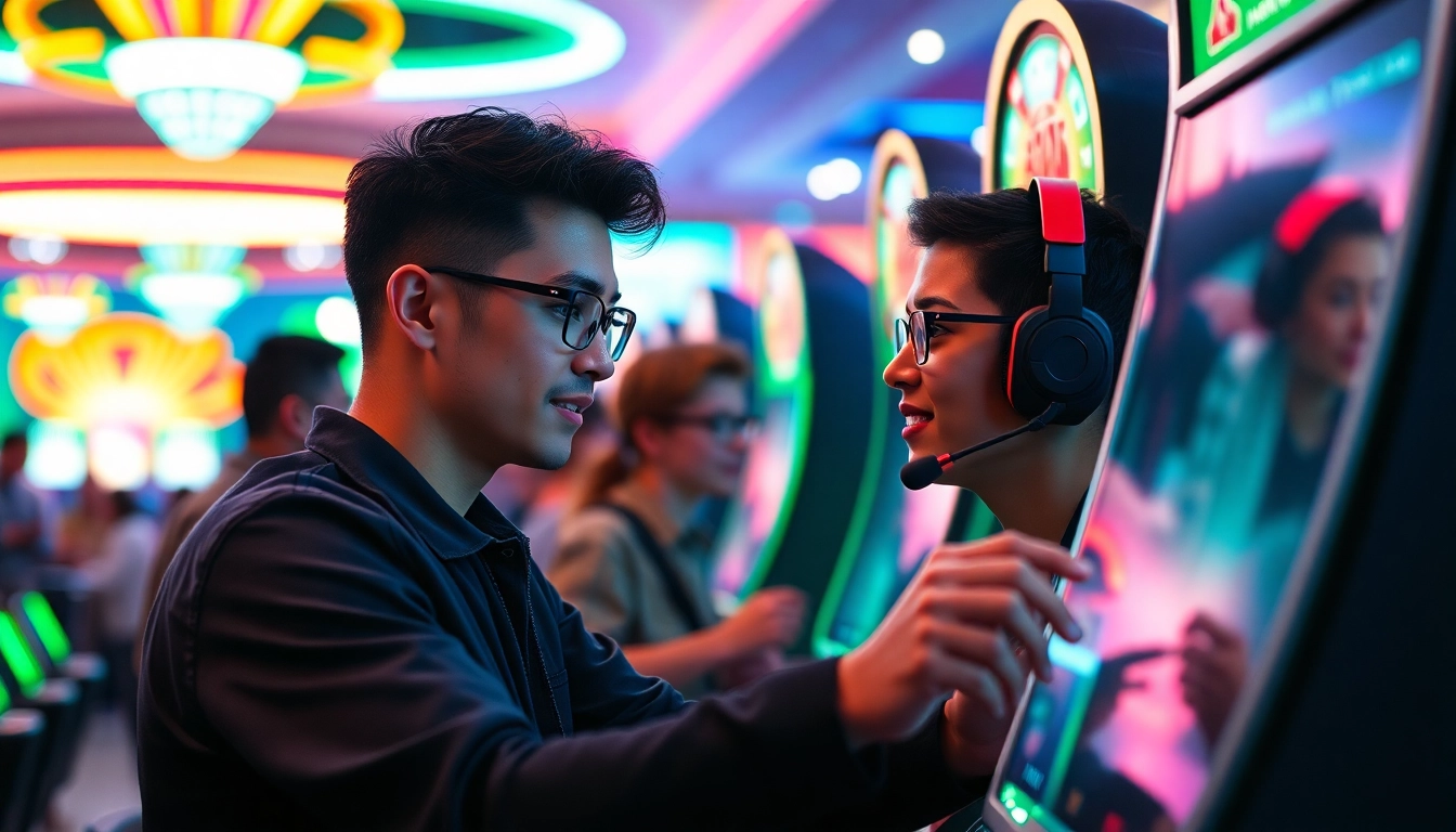 Kutu4d Gamer bermain di kasino dengan banyak lampu neon dan suasana seru.